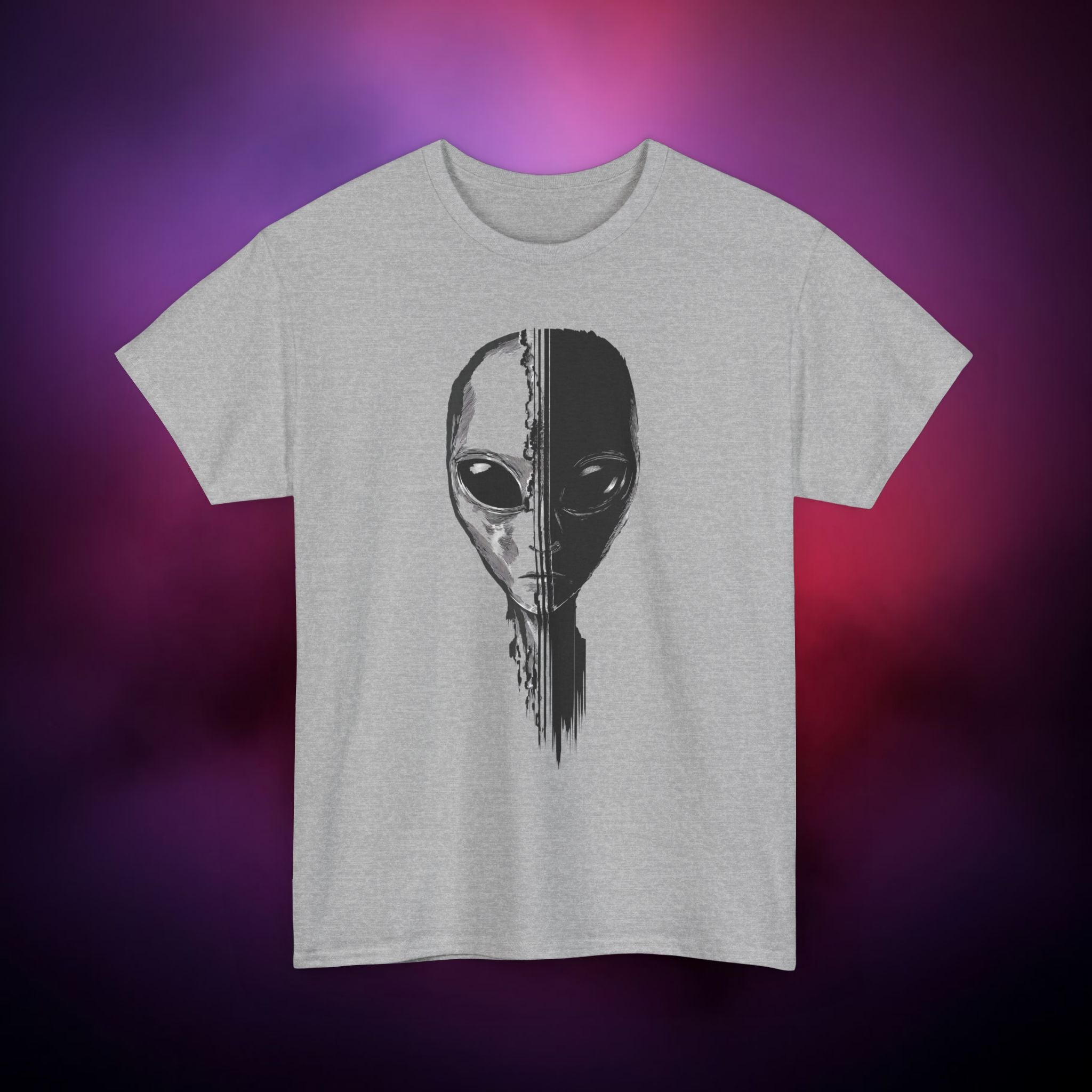 Alien Face Split T-Shirt – UFO Extraterrestrial Graphic Tee | Glitch Horror Sci-Fi Shirt | Dark Aesthetic ET Head Tee