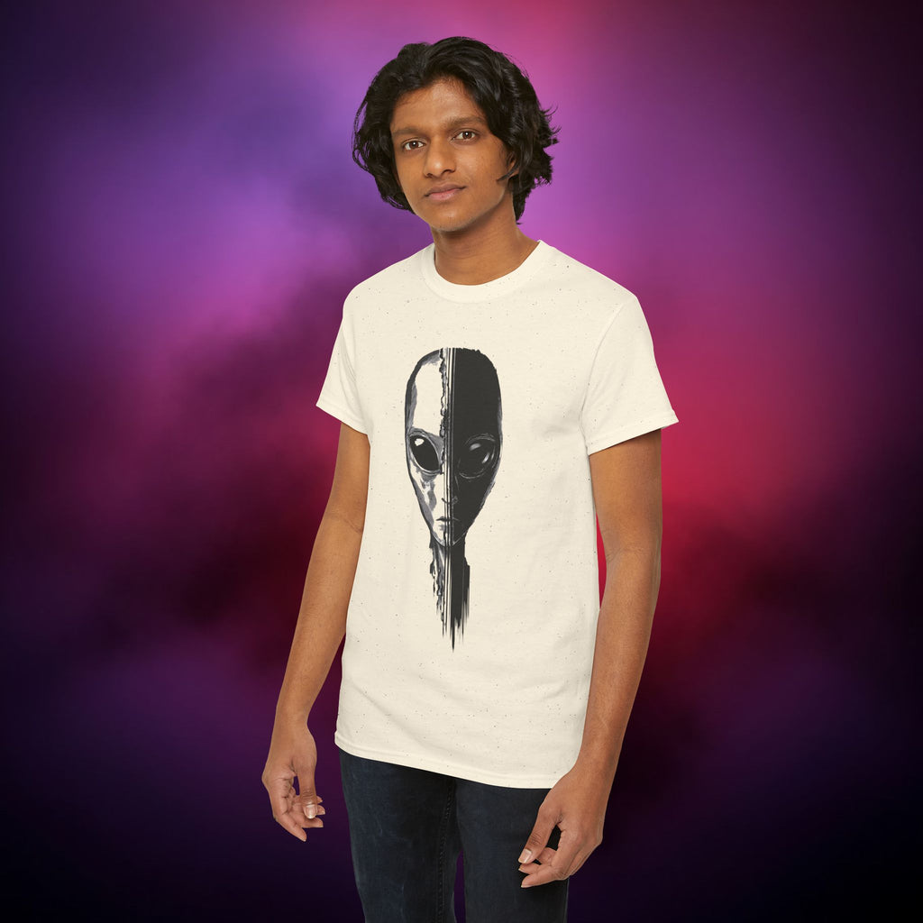 Alien Face Split T-Shirt – UFO Extraterrestrial Graphic Tee | Glitch Horror Sci-Fi Shirt | Dark Aesthetic ET Head Tee