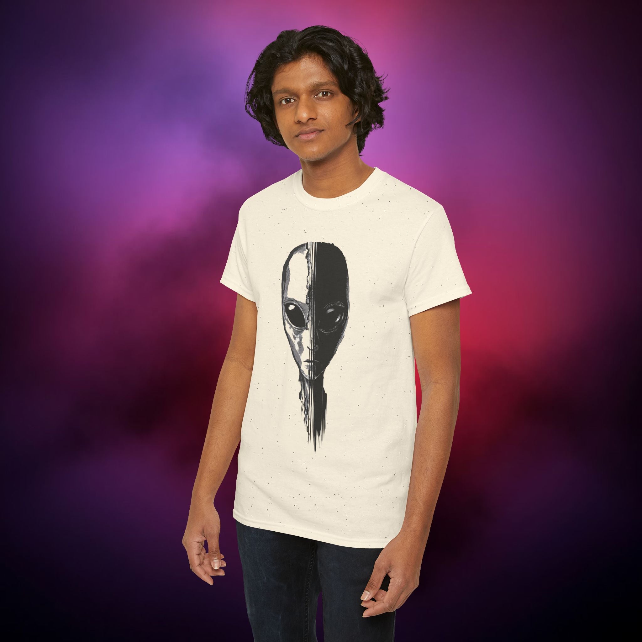 Alien Face Split T-Shirt – UFO Extraterrestrial Graphic Tee | Glitch Horror Sci-Fi Shirt | Dark Aesthetic ET Head Tee