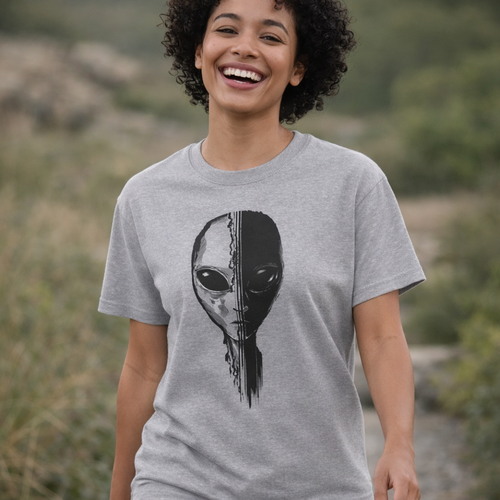 Alien Face Split T-Shirt – UFO Extraterrestrial Graphic Tee | Glitch Horror Sci-Fi Shirt | Dark Aesthetic ET Head Tee