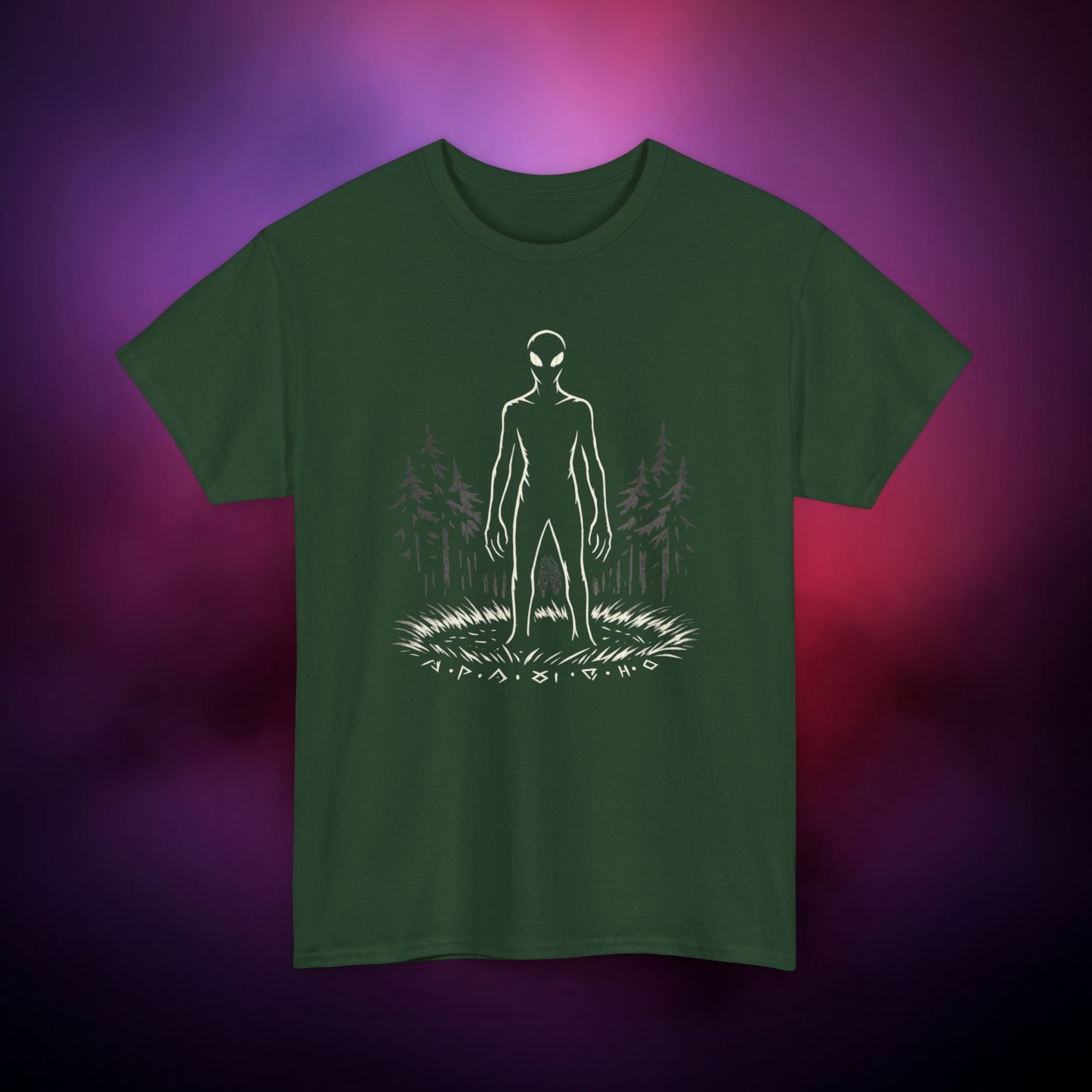 Alien Encounter in the Woods T-Shirt | UFO Horror Graphic Tee | Cryptid Forest Silhouette Shirt | Unisex Dark Aesthetic Apparel