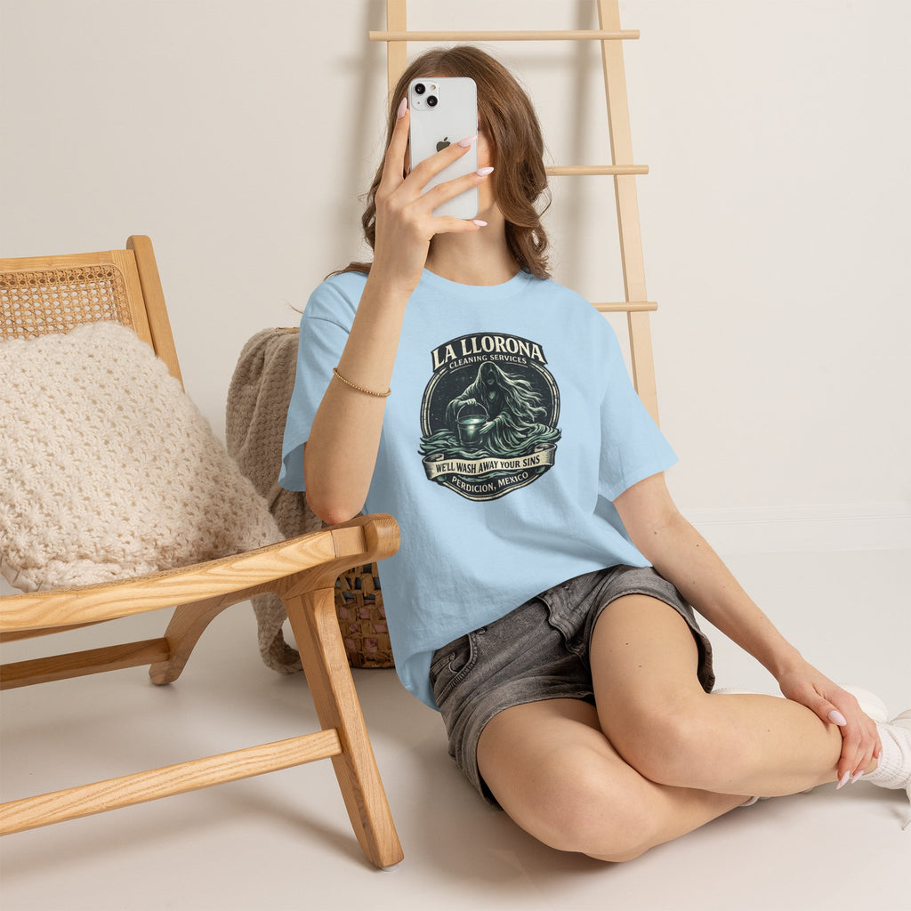 La Llorona Cleaning Services T-Shirt – Mexican Folklore Horror Tee | Gothic Ghost Legend Shirt | Dark Humor Urban Legend Graphic