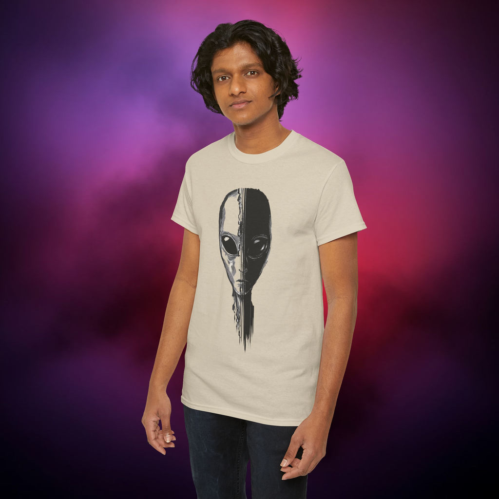 Alien Face Split T-Shirt – UFO Extraterrestrial Graphic Tee | Glitch Horror Sci-Fi Shirt | Dark Aesthetic ET Head Tee