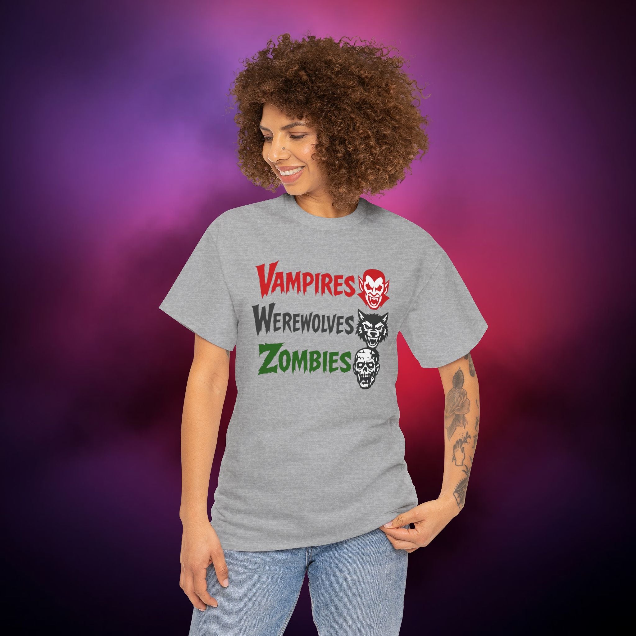 Vampires Werewolves Zombies T-Shirt – Classic Monster Horror Tee | Retro Halloween Graphic Shirt | Gothic Creature Trio Tee