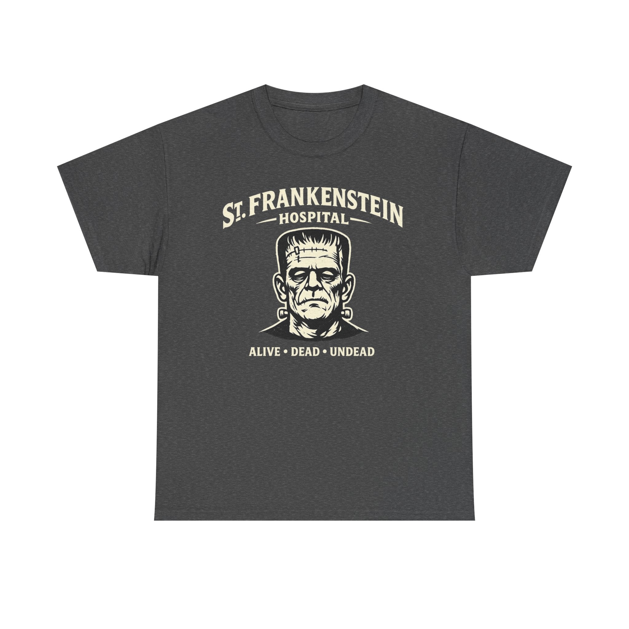 Frankenstein Hospital T-Shirt — "St. Frankenstein Hospital: Alive • Dead • Undead" Halloween Tee