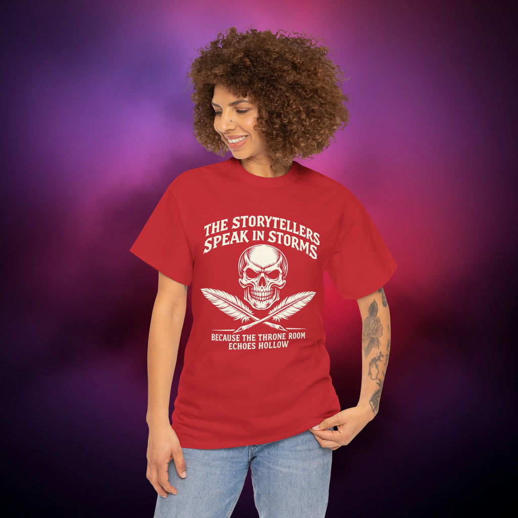 Storytellers Speak in Storms Skull T-Shirt – Gothic Writer Tee | Dark Poetry Graphic Shirt | Skull & Quill Horror Aesthetic Tee