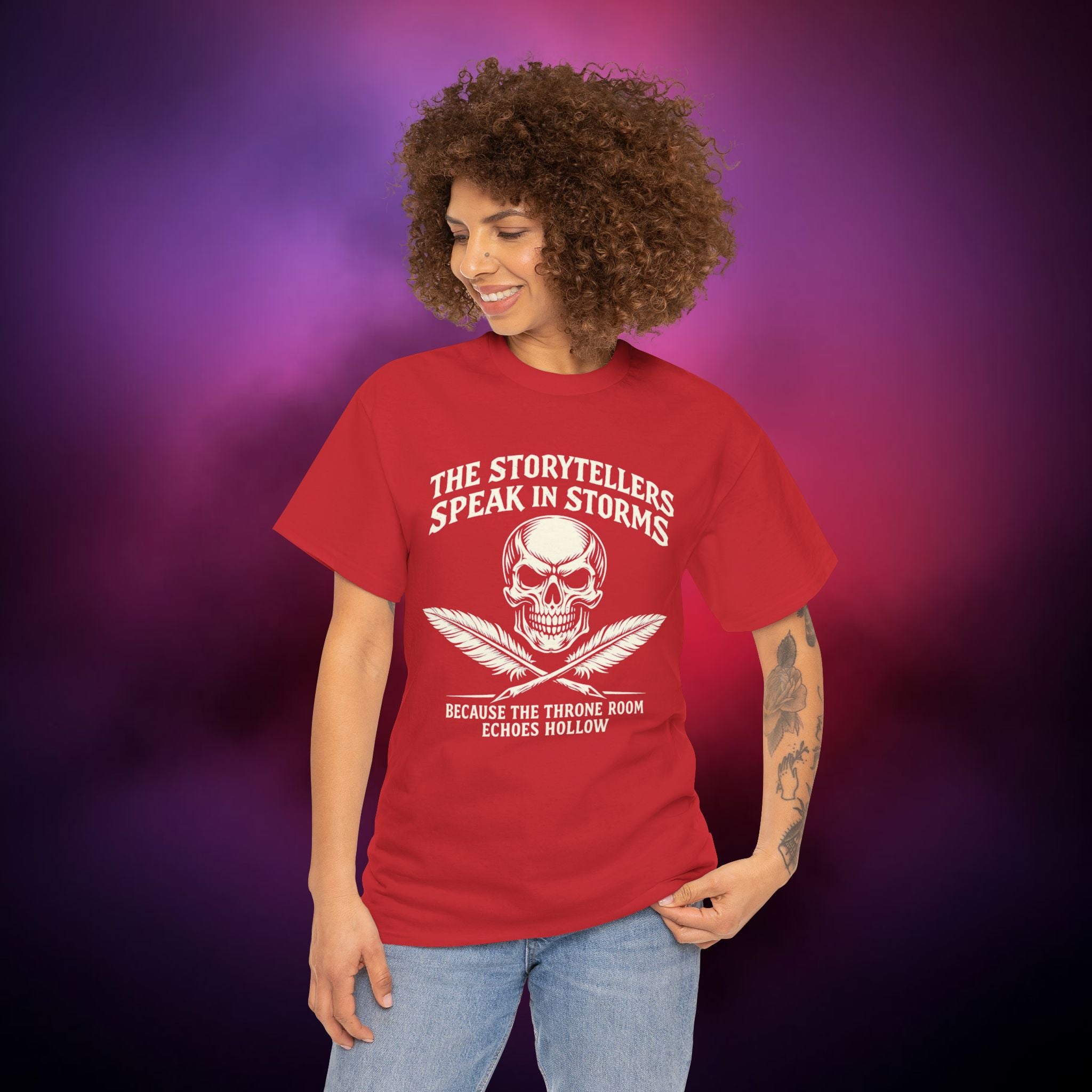 Storytellers Speak in Storms Skull T-Shirt – Gothic Writer Tee | Dark Poetry Graphic Shirt | Skull & Quill Horror Aesthetic Tee