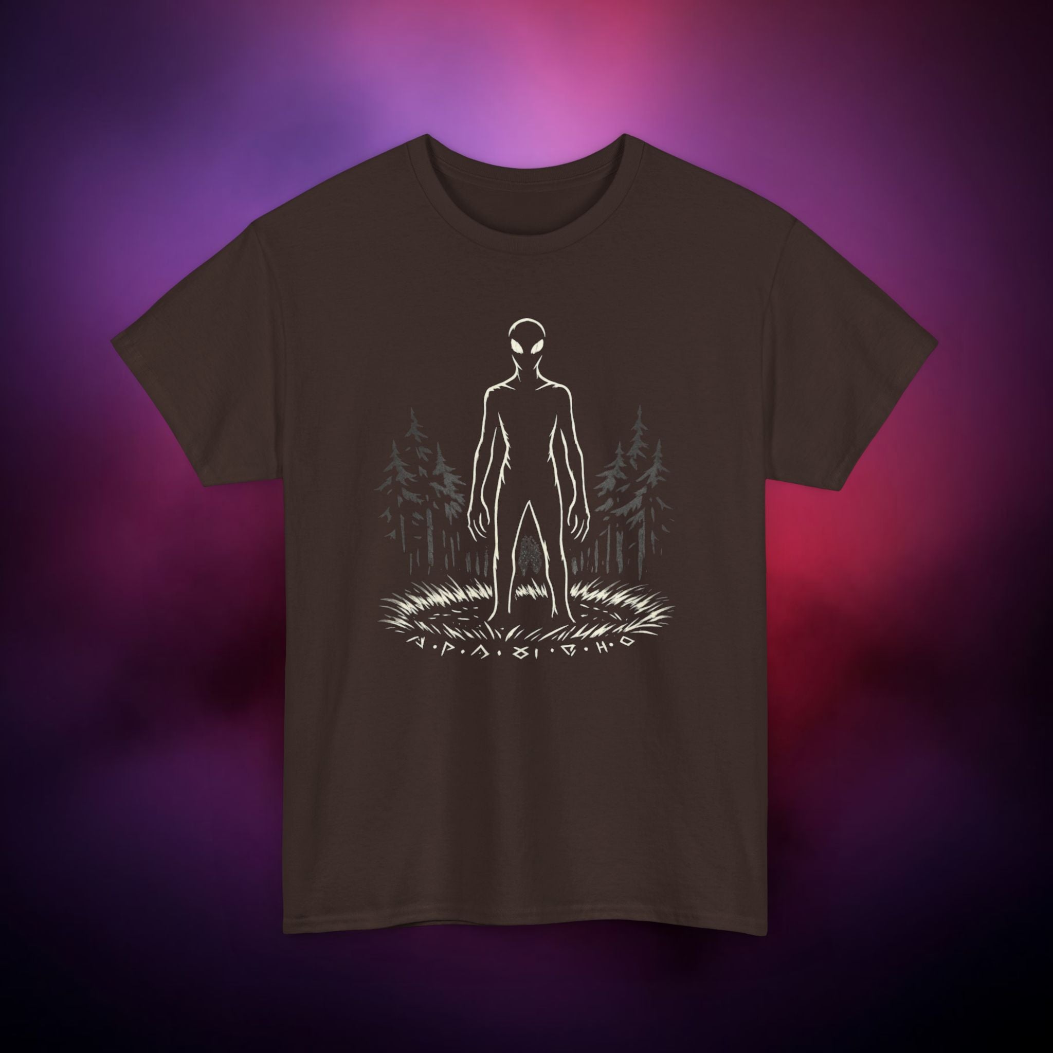 Alien Encounter in the Woods T-Shirt | UFO Horror Graphic Tee | Cryptid Forest Silhouette Shirt | Unisex Dark Aesthetic Apparel