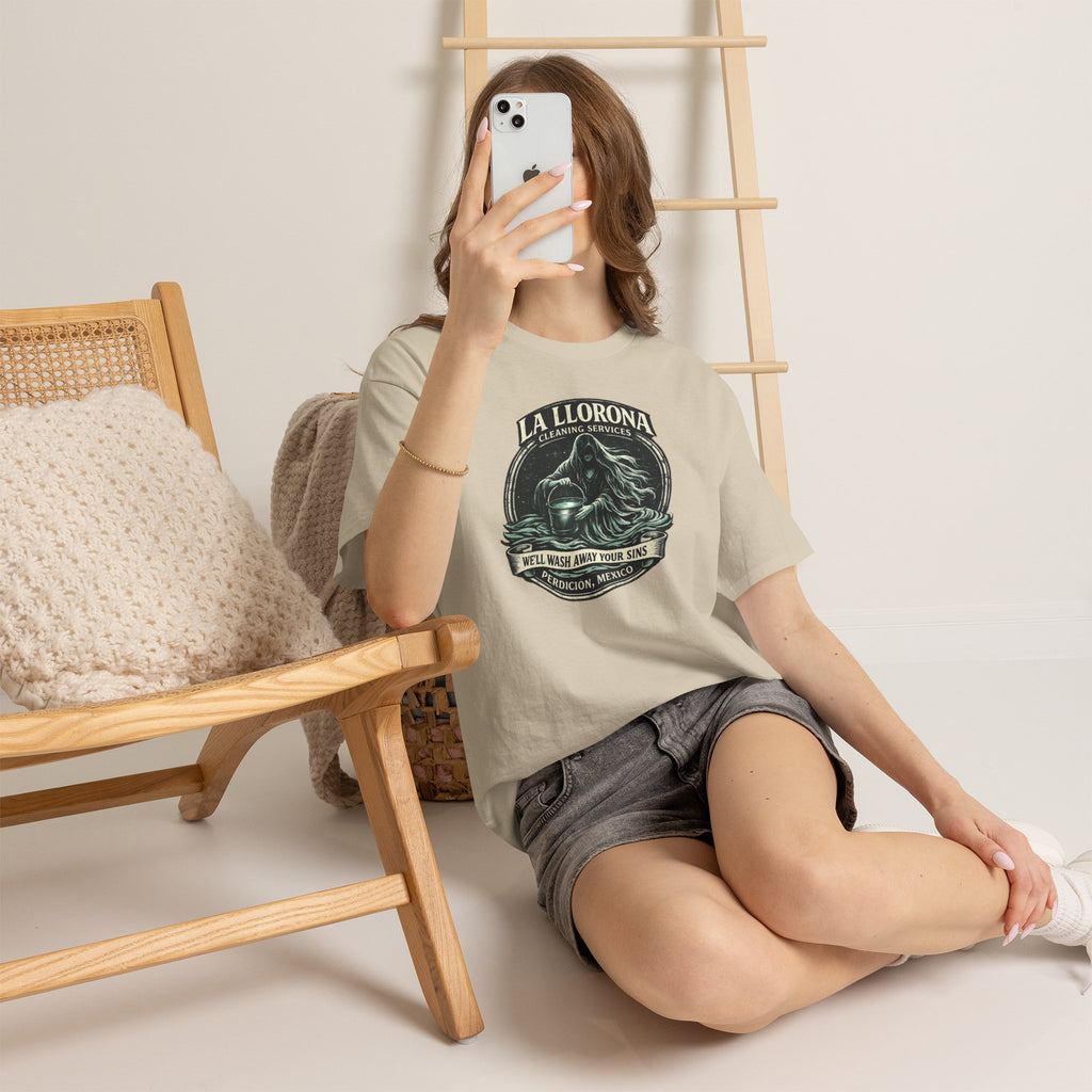 La Llorona Cleaning Services T-Shirt – Mexican Folklore Horror Tee | Gothic Ghost Legend Shirt | Dark Humor Urban Legend Graphic