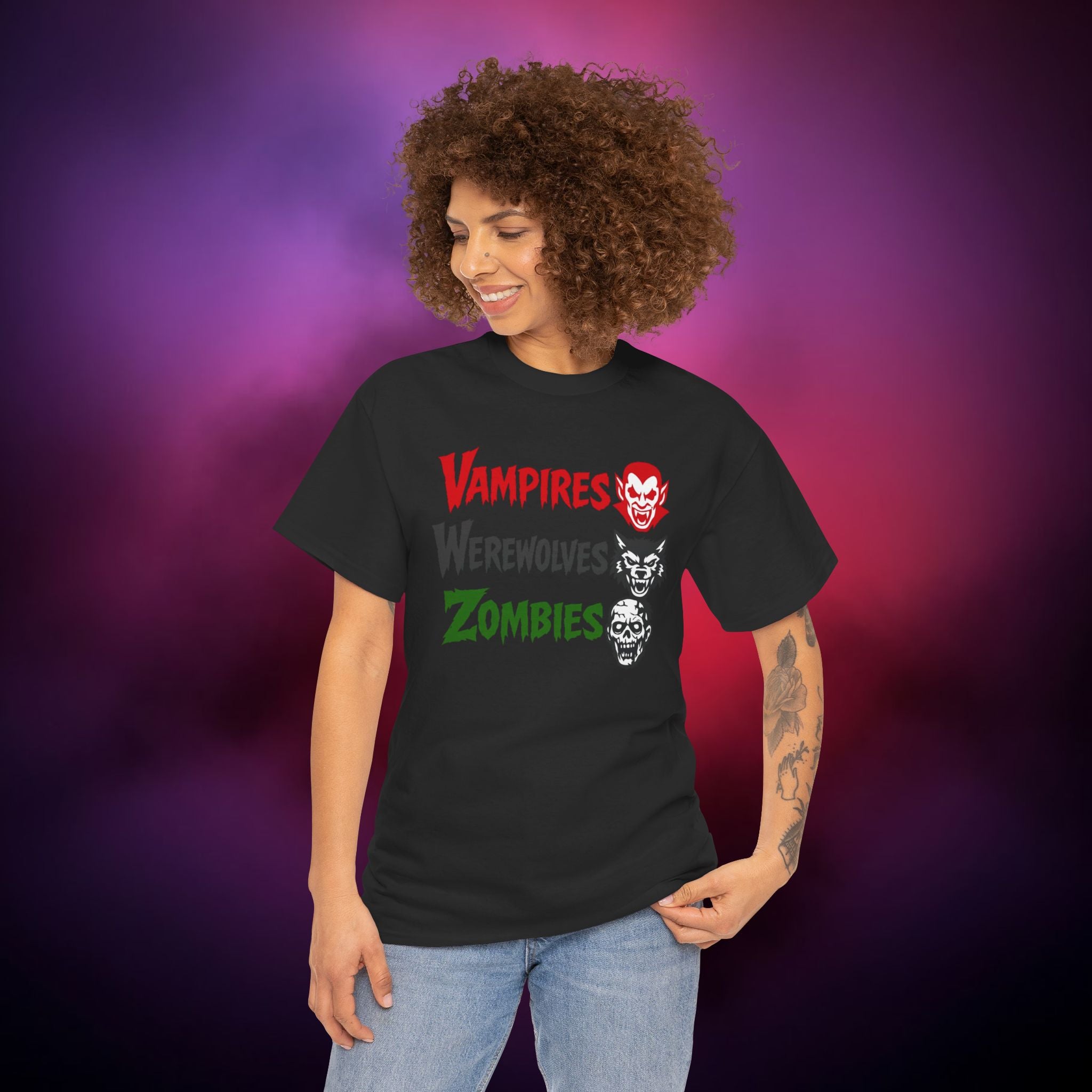 Vampires Werewolves Zombies T-Shirt – Classic Monster Horror Tee | Retro Halloween Graphic Shirt | Gothic Creature Trio Tee