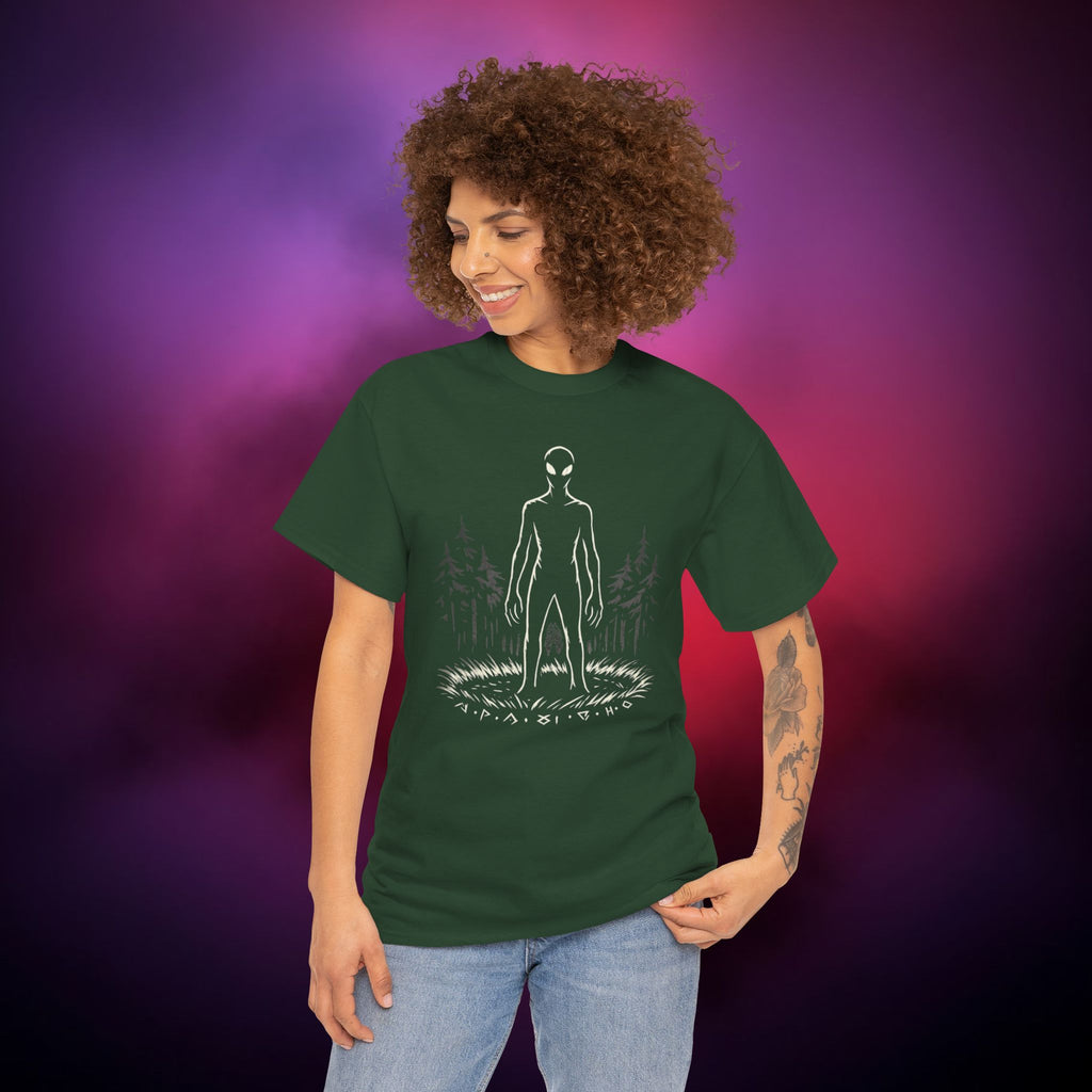 Alien Encounter in the Woods T-Shirt | UFO Horror Graphic Tee | Cryptid Forest Silhouette Shirt | Unisex Dark Aesthetic Apparel