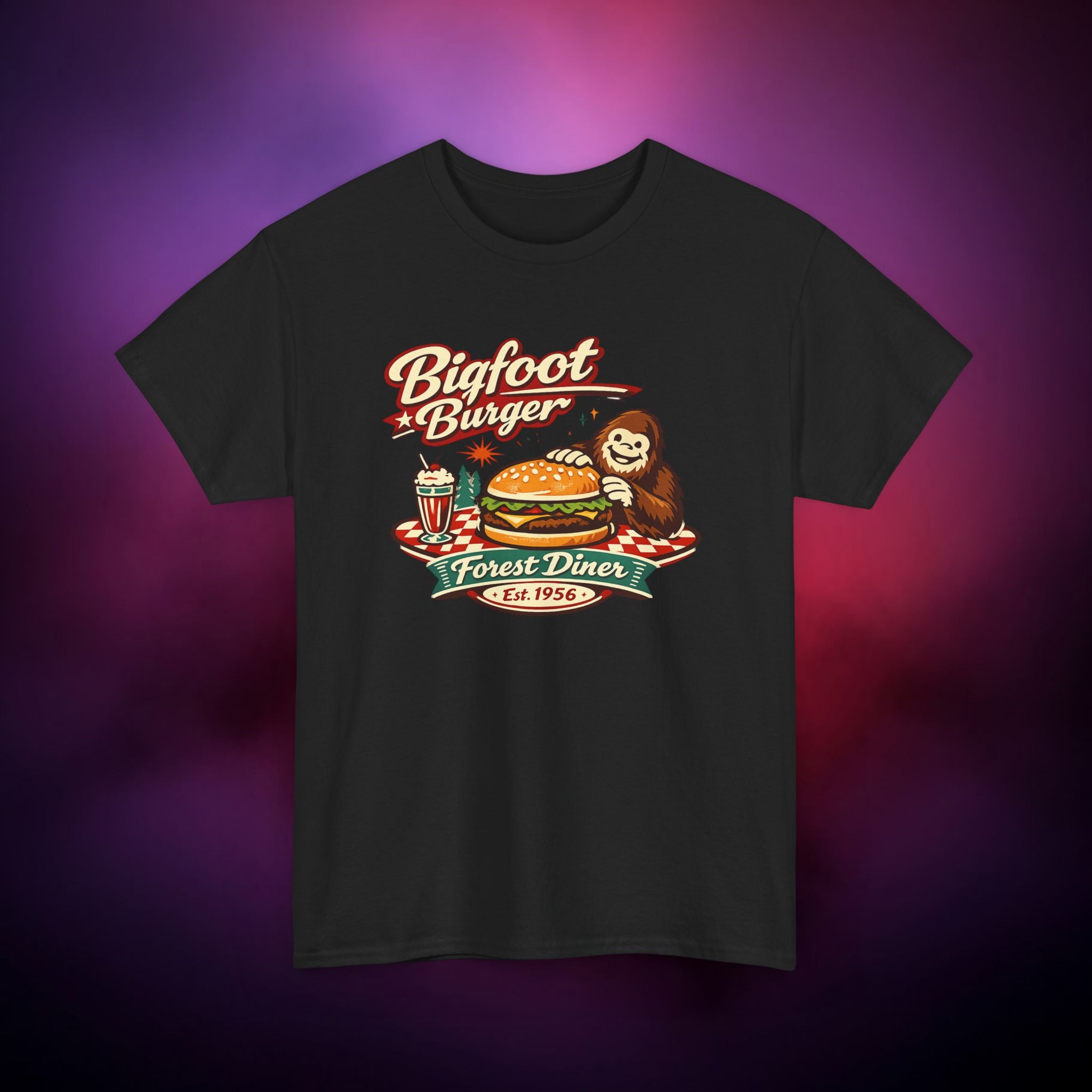 Tasty Bigfoot Burger T‑Shirt – Forest Diner Cryptid Design | Vintage Sasquatch Tee