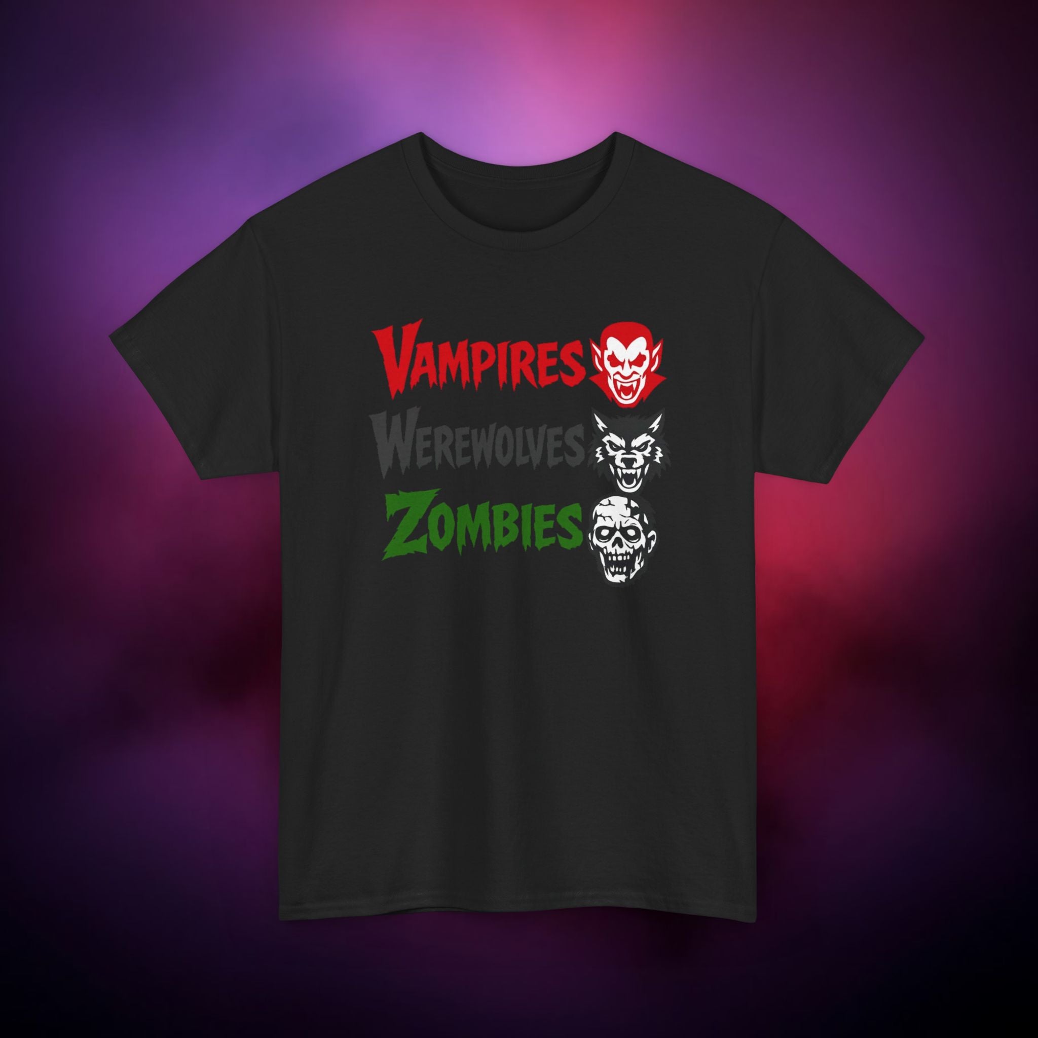 Vampires Werewolves Zombies T-Shirt – Classic Monster Horror Tee | Retro Halloween Graphic Shirt | Gothic Creature Trio Tee