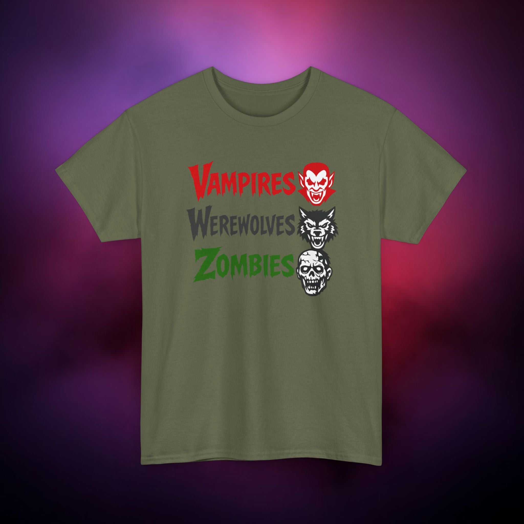 Vampires Werewolves Zombies T-Shirt – Classic Monster Horror Tee | Retro Halloween Graphic Shirt | Gothic Creature Trio Tee