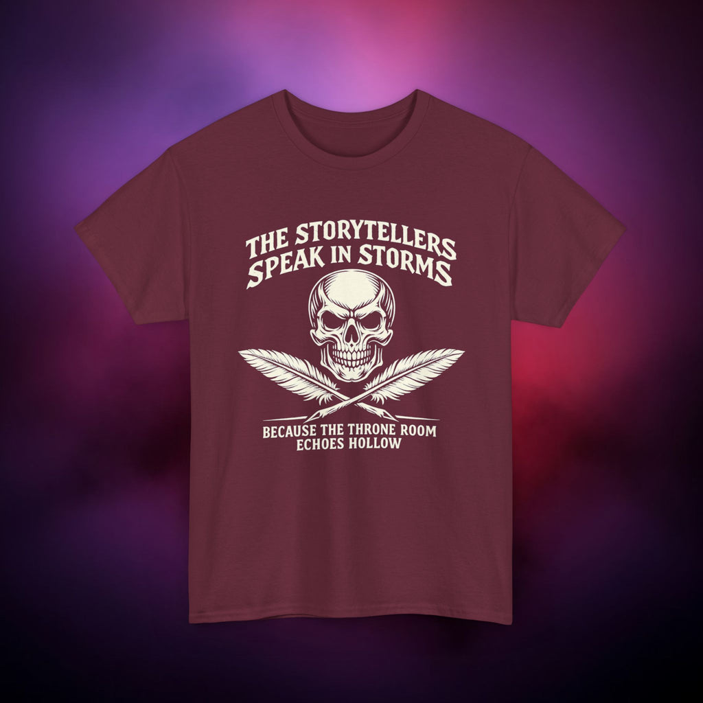 Storytellers Speak in Storms Skull T-Shirt – Gothic Writer Tee | Dark Poetry Graphic Shirt | Skull & Quill Horror Aesthetic Tee
