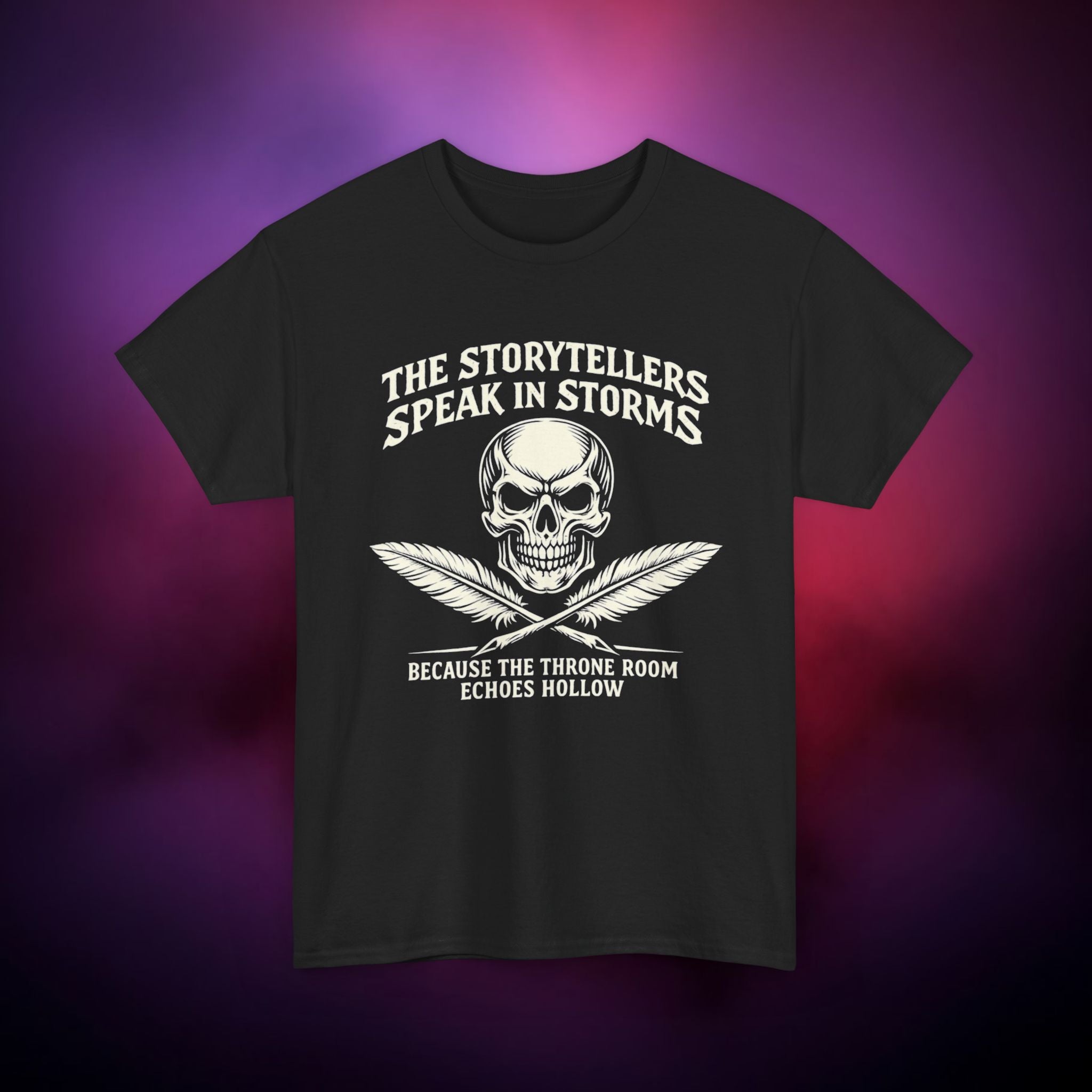 Storytellers Speak in Storms Skull T-Shirt – Gothic Writer Tee | Dark Poetry Graphic Shirt | Skull & Quill Horror Aesthetic Tee