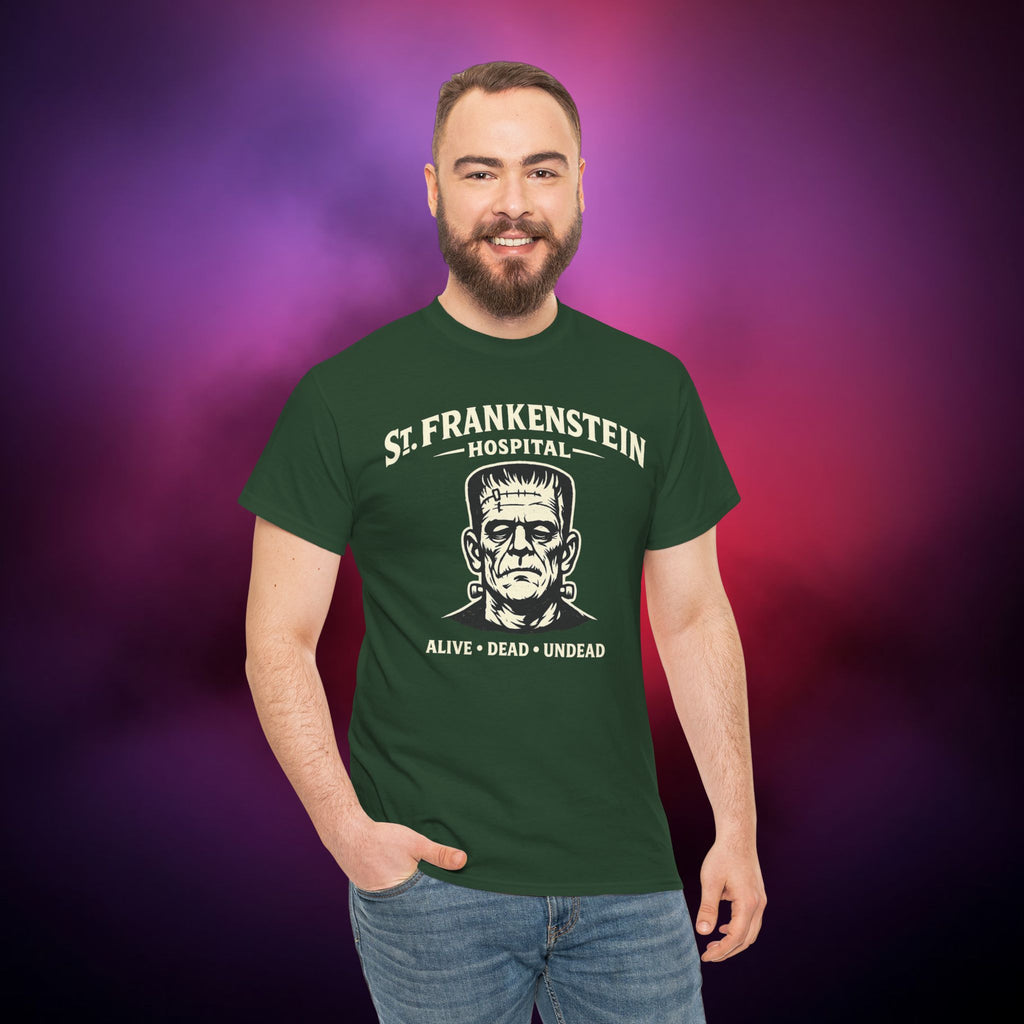 A "St. Frankenstein Hospital" T‑Shirt – Alive · Dead · Undead Horror Myth Design