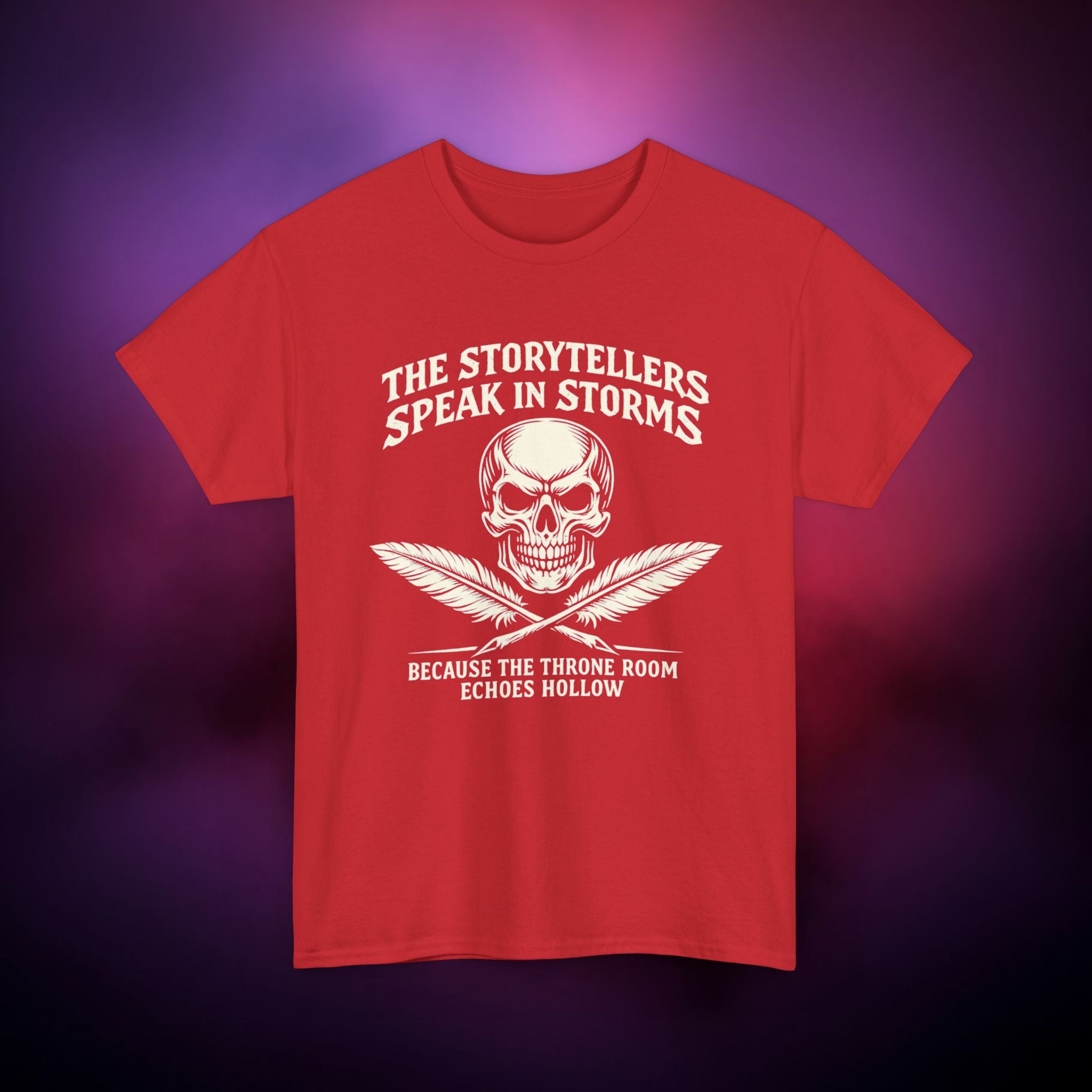 Storytellers Speak in Storms Skull T-Shirt – Gothic Writer Tee | Dark Poetry Graphic Shirt | Skull & Quill Horror Aesthetic Tee