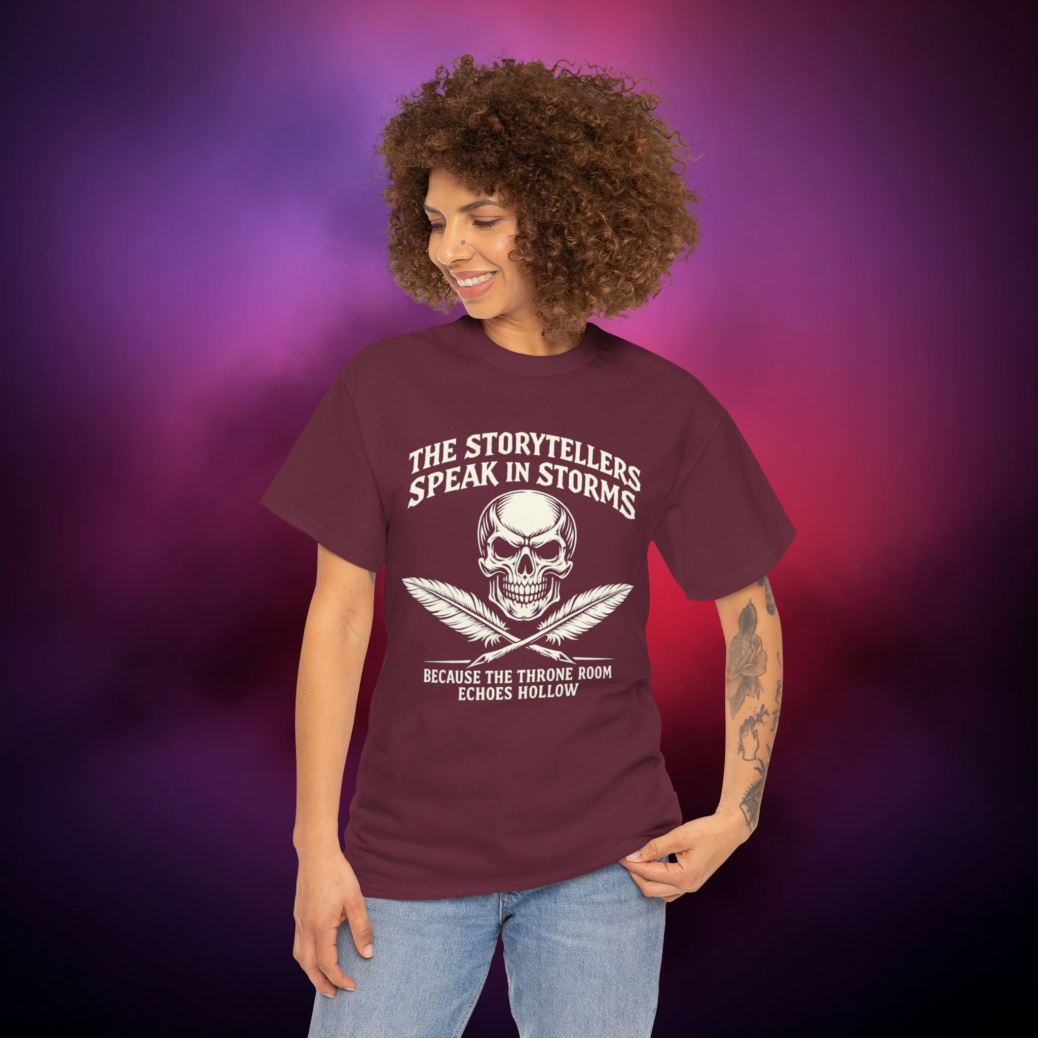 Storytellers Speak in Storms Skull T-Shirt – Gothic Writer Tee | Dark Poetry Graphic Shirt | Skull & Quill Horror Aesthetic Tee