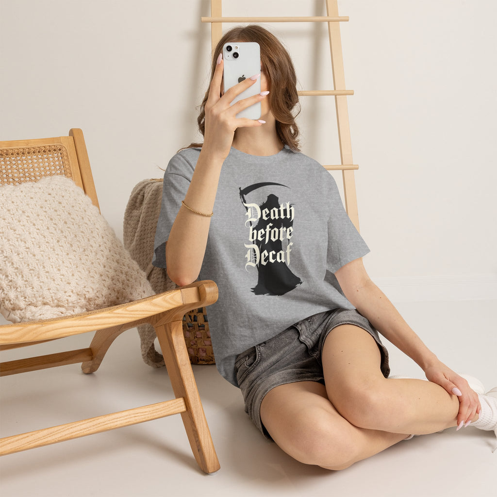 Death Before Decaf Grim Reaper T-Shirt – Funny Gothic Coffee Tee | Dark Humor Horror Shirt | Death Coffee Lover Graphic Tee