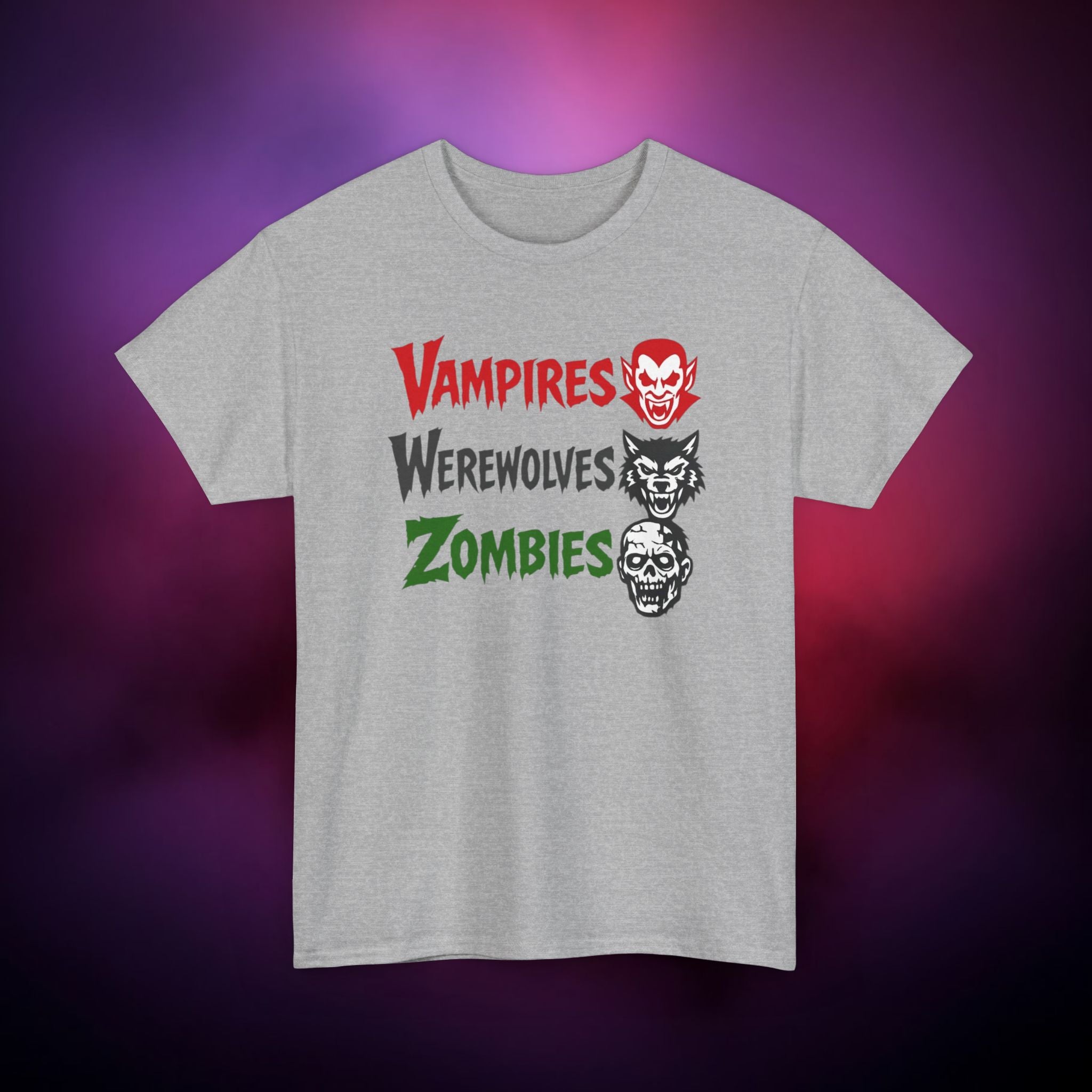 Vampires Werewolves Zombies T-Shirt – Classic Monster Horror Tee | Retro Halloween Graphic Shirt | Gothic Creature Trio Tee