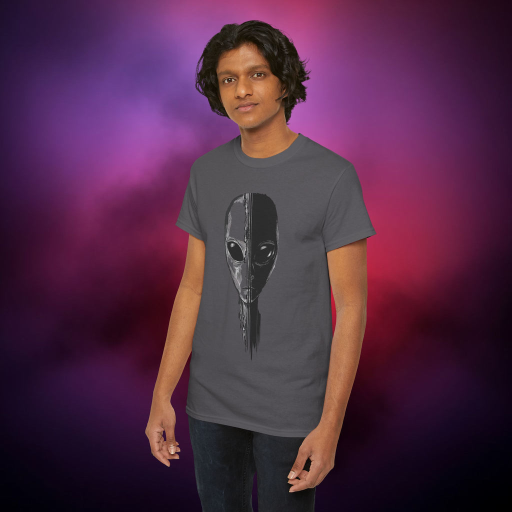 Alien Face Split T-Shirt – UFO Extraterrestrial Graphic Tee | Glitch Horror Sci-Fi Shirt | Dark Aesthetic ET Head Tee