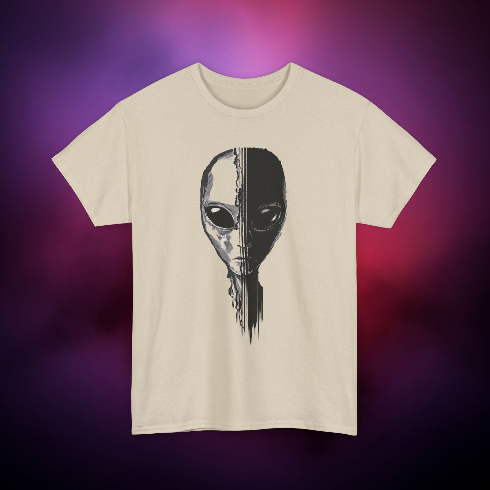 Alien Face Split T-Shirt – UFO Extraterrestrial Graphic Tee | Glitch Horror Sci-Fi Shirt | Dark Aesthetic ET Head Tee