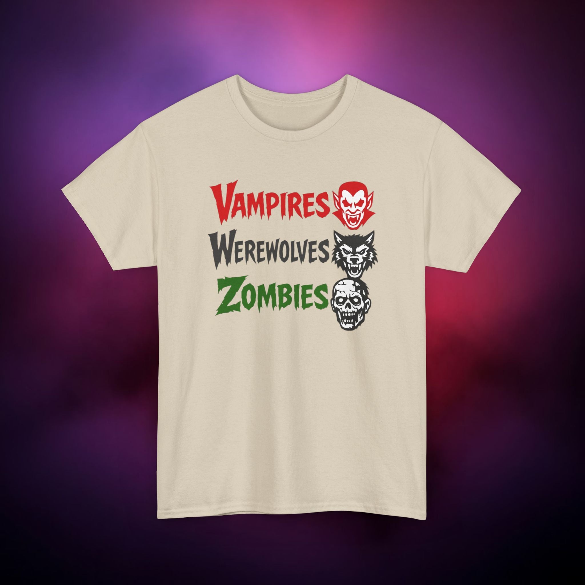 Vampires Werewolves Zombies T-Shirt – Classic Monster Horror Tee | Retro Halloween Graphic Shirt | Gothic Creature Trio Tee