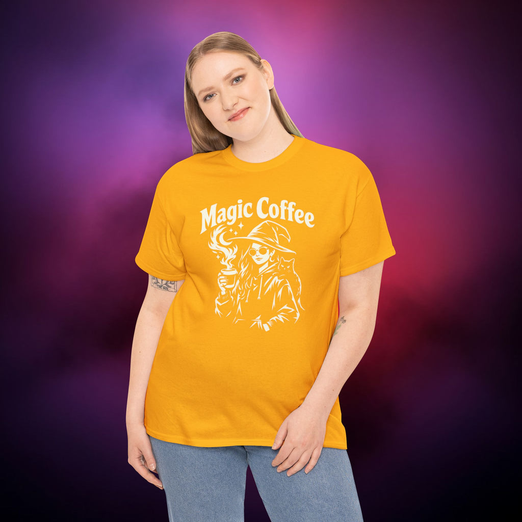 Magic Coffee Witch T-Shirt | Witchy Coffee Lover Tee with Cat | Gothic Aesthetic Graphic Shirt | Witchcore Unisex Apparel
