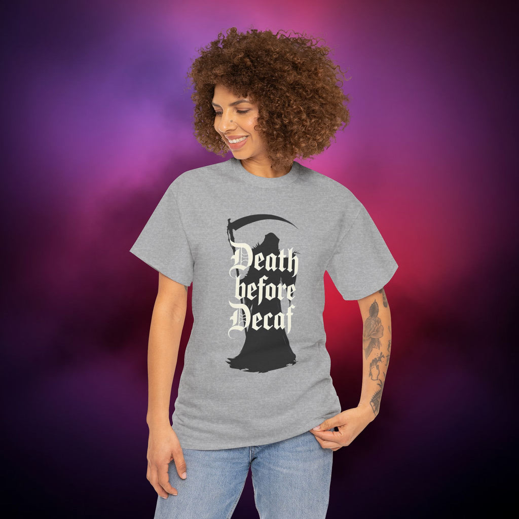 Death Before Decaf Grim Reaper T-Shirt – Funny Gothic Coffee Tee | Dark Humor Horror Shirt | Death Coffee Lover Graphic Tee