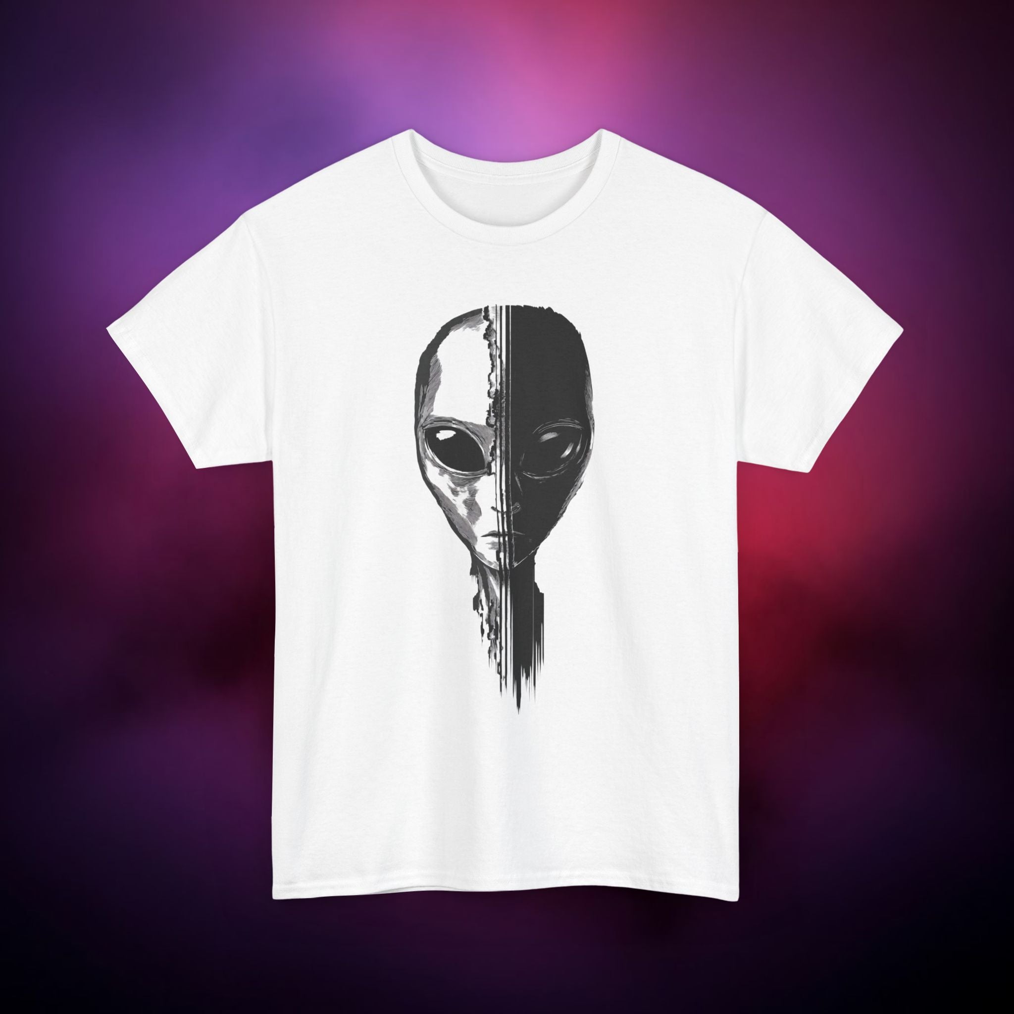 Alien Face Split T-Shirt – UFO Extraterrestrial Graphic Tee | Glitch Horror Sci-Fi Shirt | Dark Aesthetic ET Head Tee