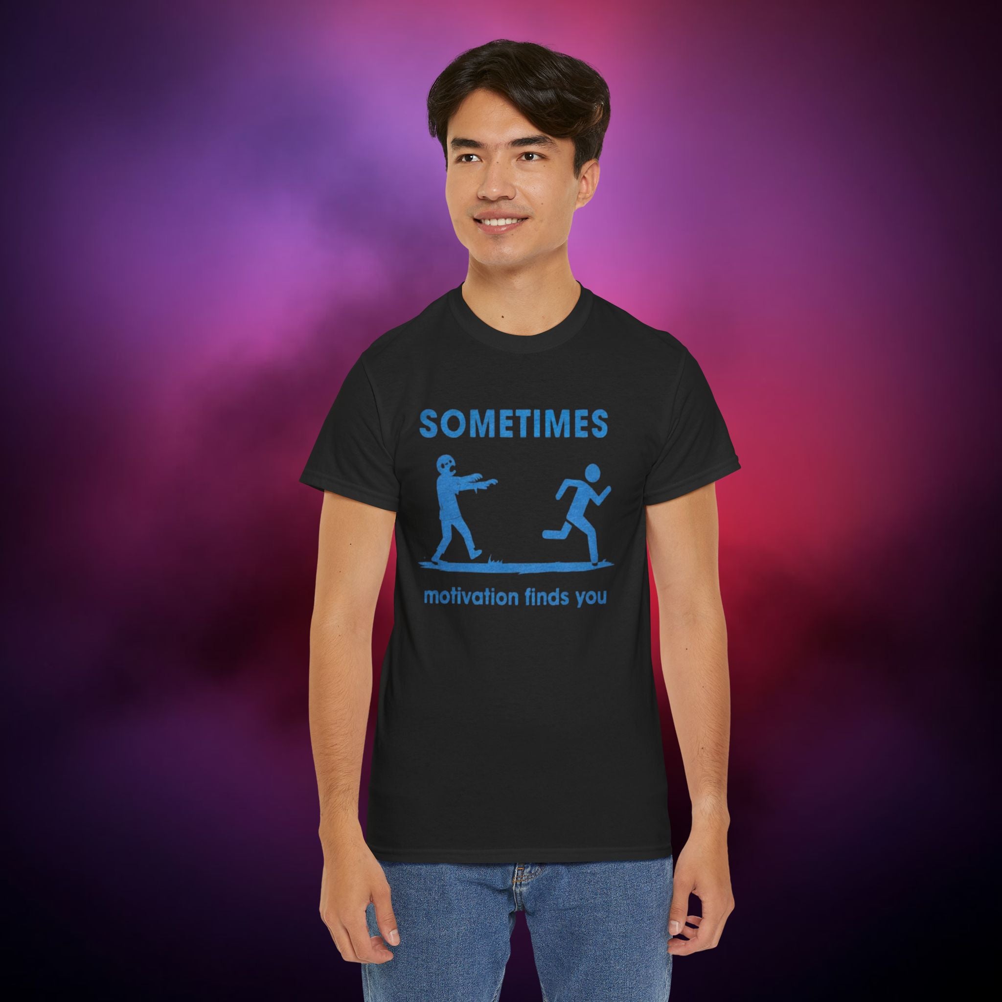 Sometimes Motivation Finds You T‑Shirt – Dark Humor Zombie Chase Horror Graphic Tee