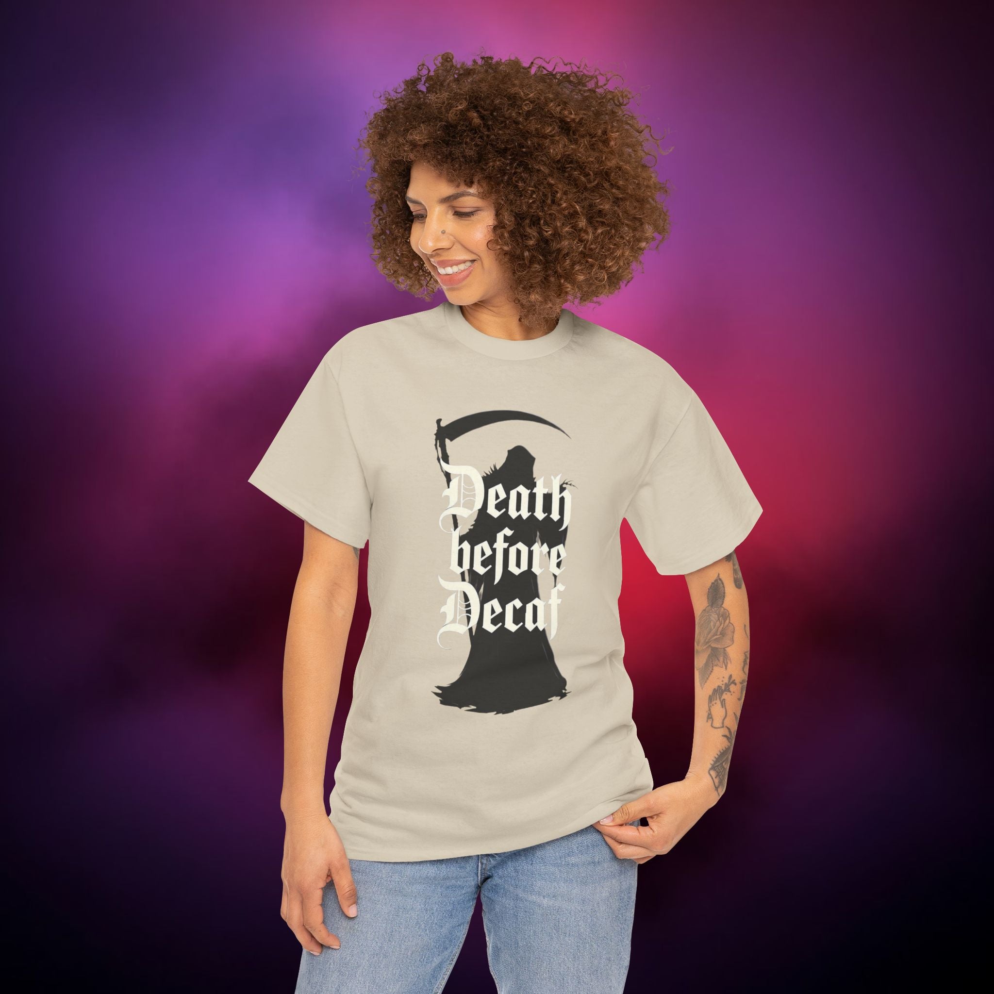Death Before Decaf Grim Reaper T-Shirt – Funny Gothic Coffee Tee | Dark Humor Horror Shirt | Death Coffee Lover Graphic Tee