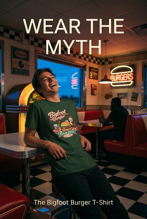 Tasty Bigfoot Burger T‑Shirt – Forest Diner Cryptid Design | Vintage Sasquatch Tee