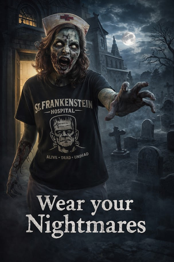 A "St. Frankenstein Hospital" T‑Shirt – Alive · Dead · Undead Horror Myth Design