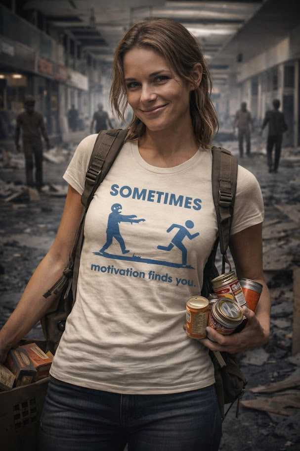 Sometimes Motivation Finds You T‑Shirt – Dark Humor Zombie Chase Horror Graphic Tee