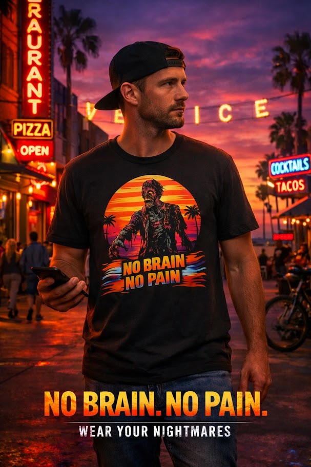 Sunset Zombie T-Shirt – “No Brain No Pain” Retro Horror Tee | Vintage Aesthetic Halloween Shirt