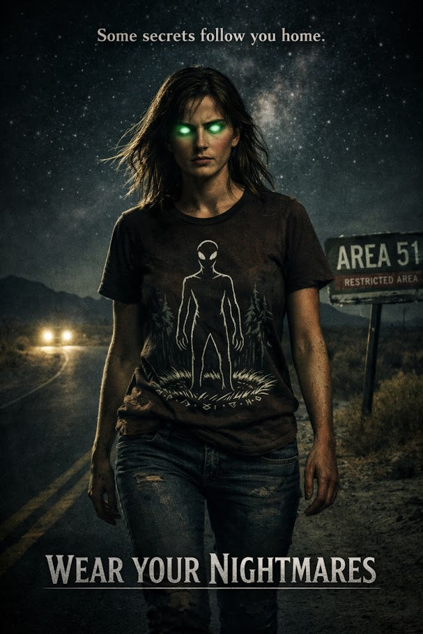 Alien Encounter in the Woods T-Shirt | UFO Horror Graphic Tee | Cryptid Forest Silhouette Shirt | Unisex Dark Aesthetic Apparel