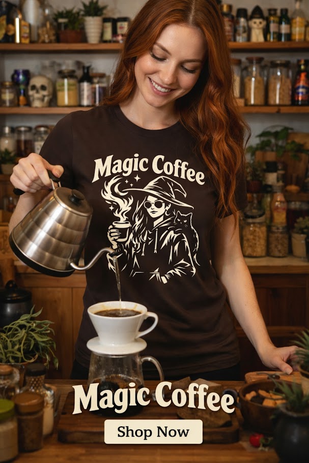 Magic Coffee Witch T-Shirt | Witchy Coffee Lover Tee with Cat | Gothic Aesthetic Graphic Shirt | Witchcore Unisex Apparel
