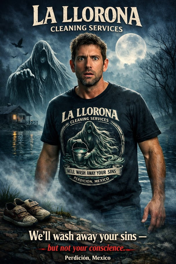 La Llorona Cleaning Services T-Shirt – Mexican Folklore Horror Tee | Gothic Ghost Legend Shirt | Dark Humor Urban Legend Graphic